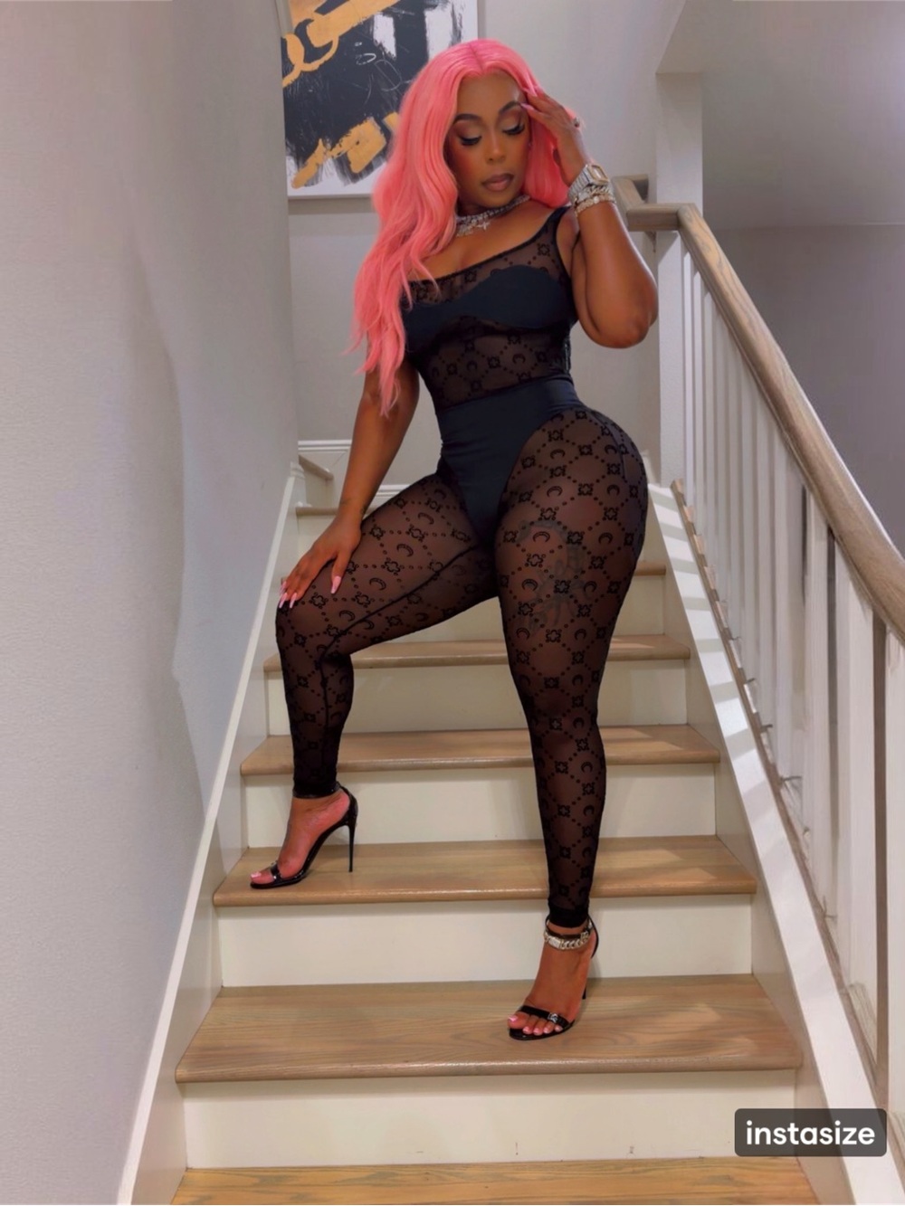 Marine Serre Black Sheer Logo-Pattern Bodysuit Jumpsuit